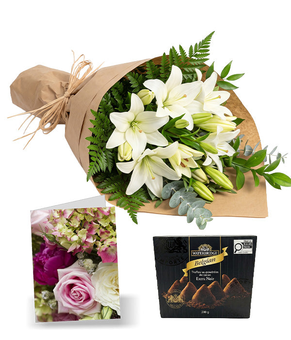 Bunch of White Lilies with Card & Truffles