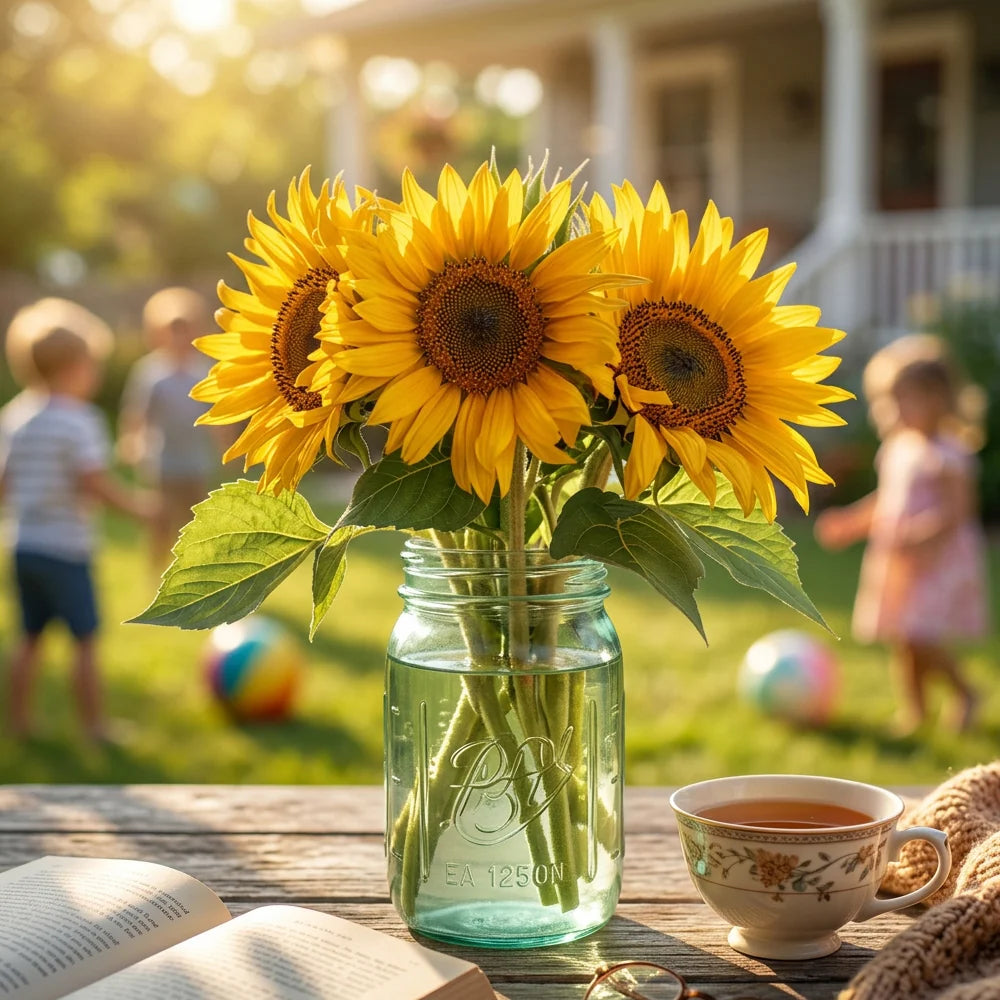 Sunny Sunflowers in Mason Jar Fleur Concept