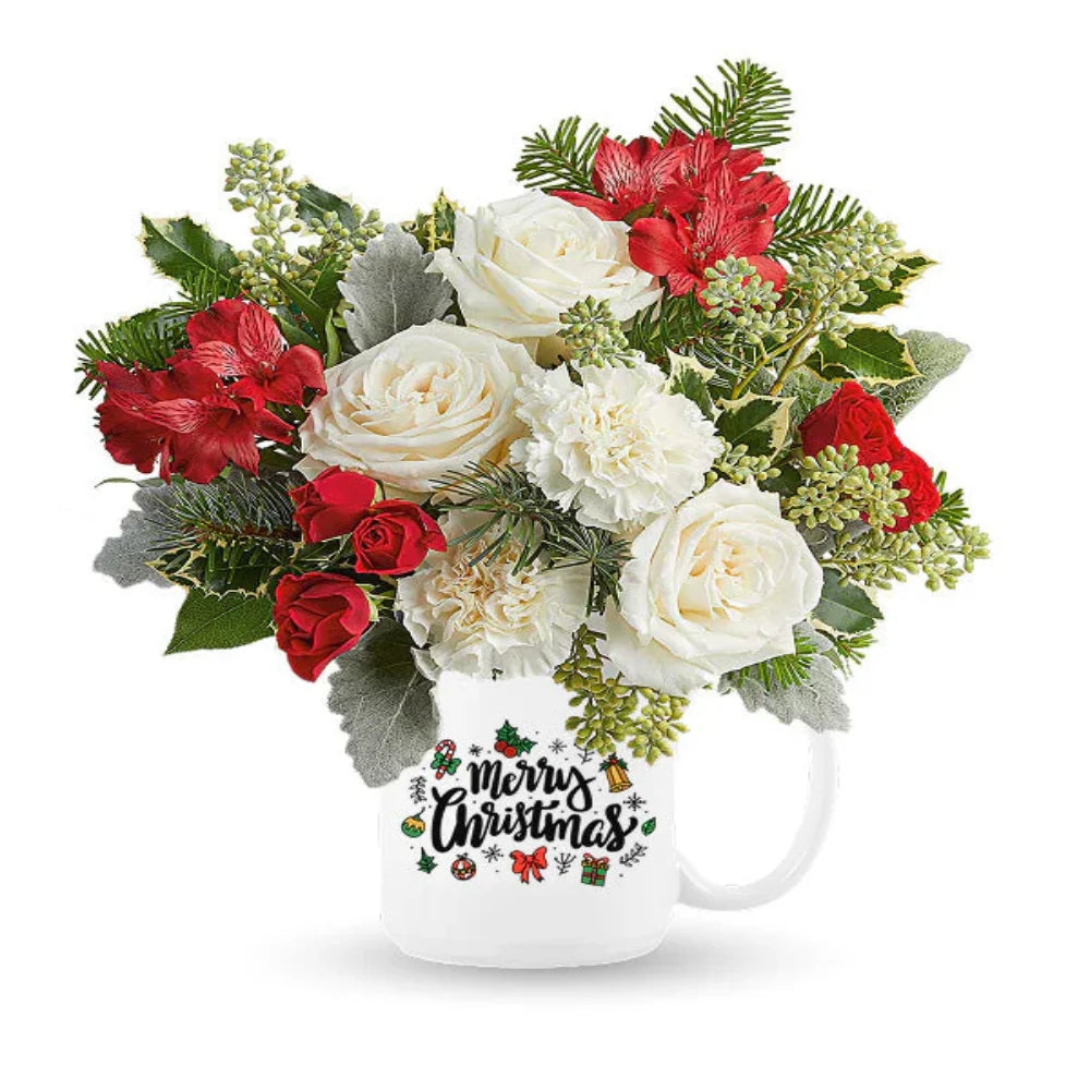 Holiday mug bouquet with Merry Christmas florals.