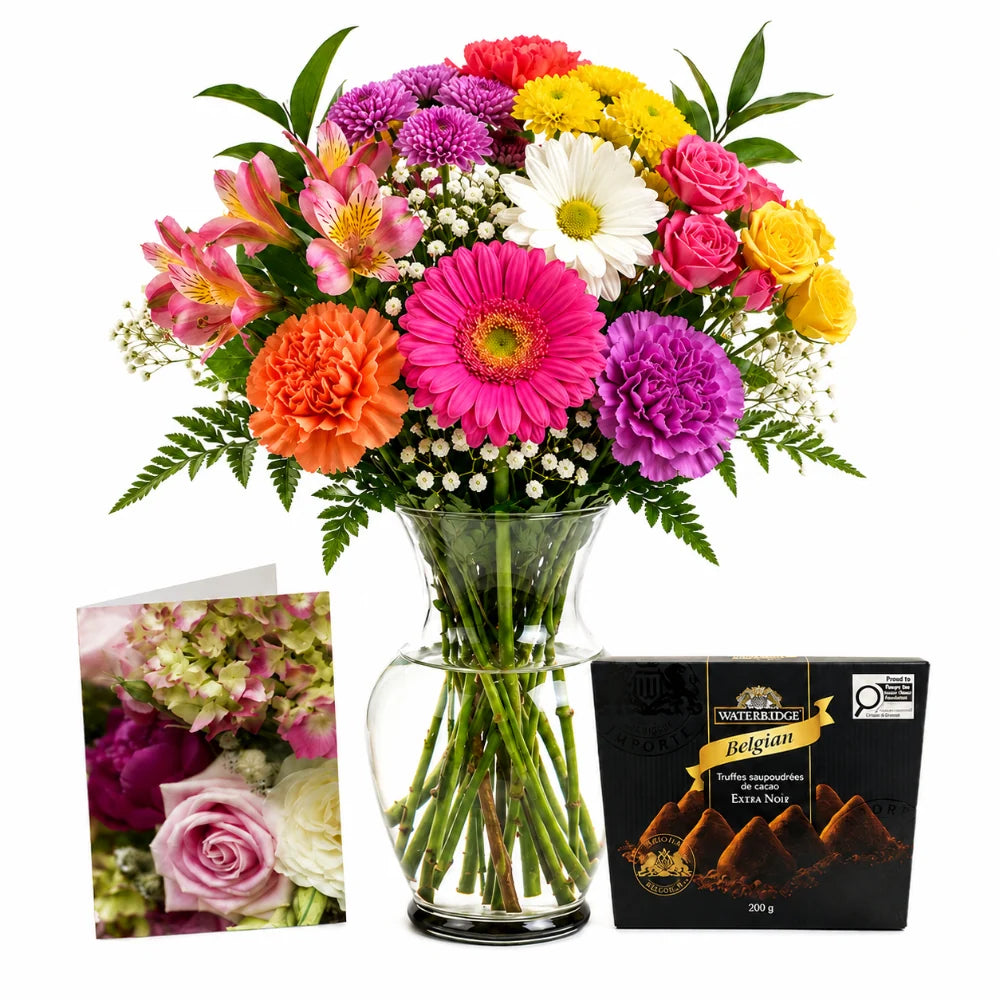 Bright Colours Designer’s Choice with Vase, Card & Truffles Fleur Concept