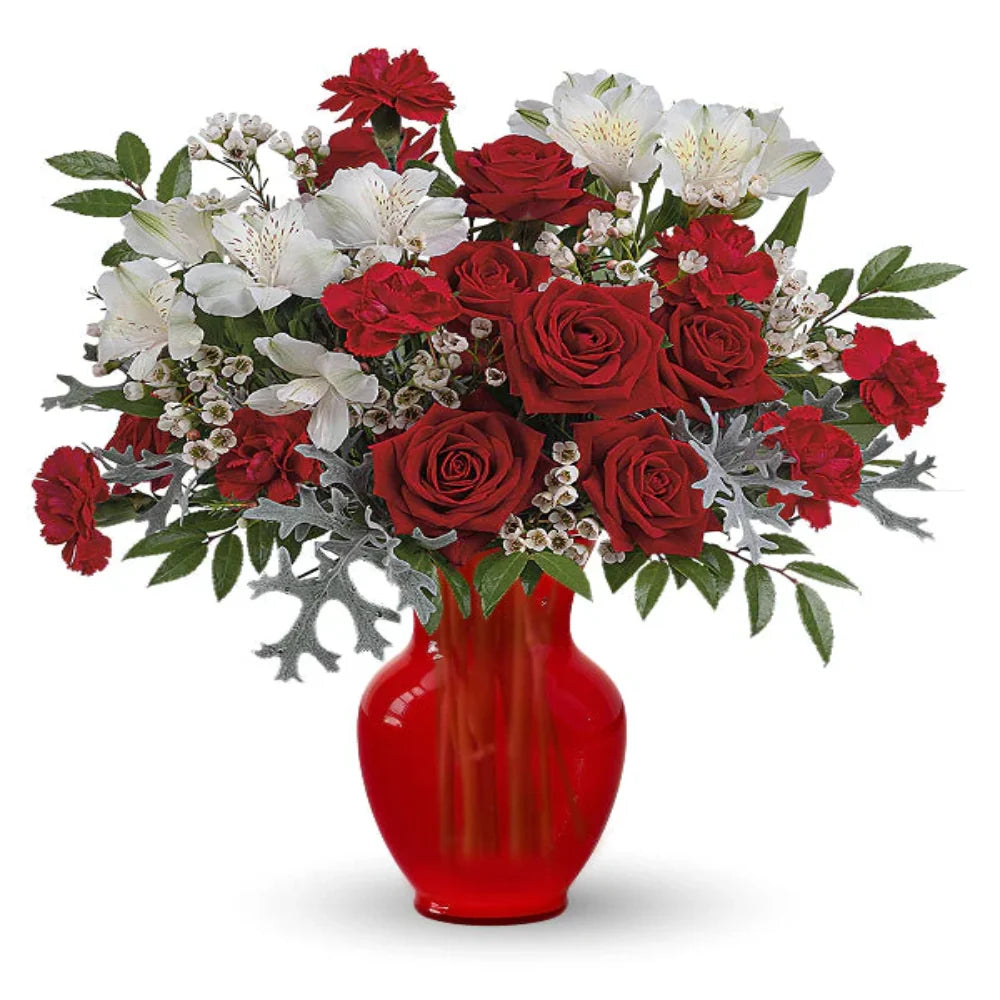 Crimson Snow Elegance supersize flower arrangement in red vase