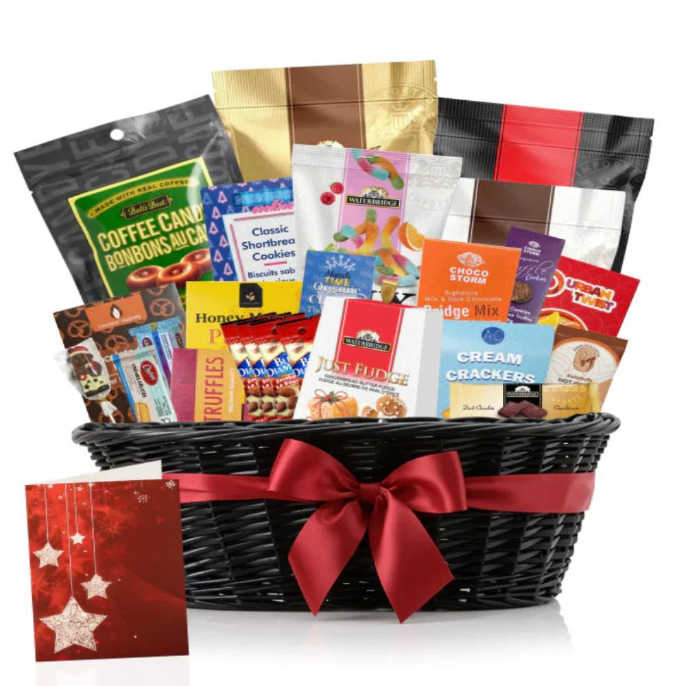 Gourmet gift basket with treats, card, and red bow.