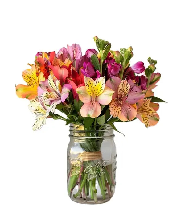 Thirty Blooms of Alstroemeria in Mason Jar Fleur Concept