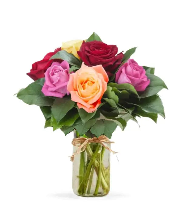 Half Dozen Assorted Roses in Mason Jar Fleur Concept