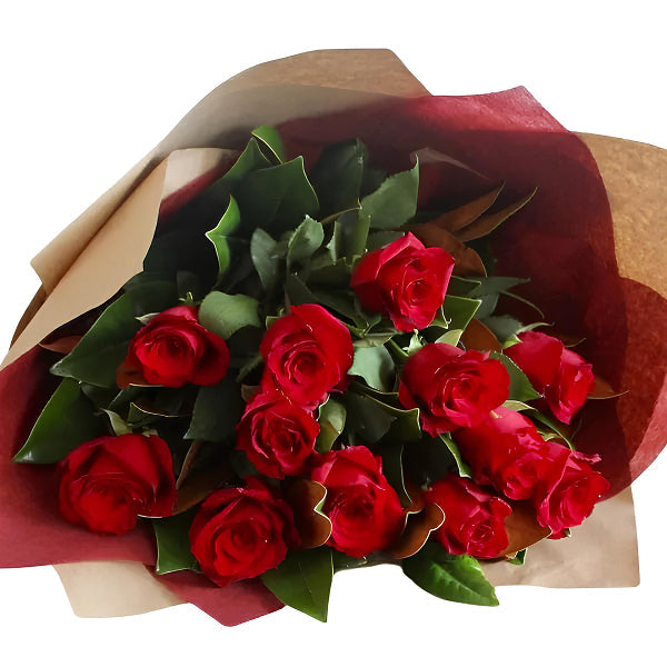 A dozen long-stemmed red roses