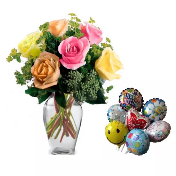 Mixed Summer Roses and Balloon Gift Set