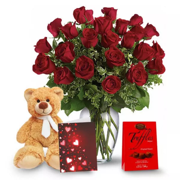 Combo of two dozen long-stemmed red roses