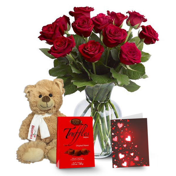 12 Roses Rouges, Truffes & Ours en Peluche buy at Fleur Quebec