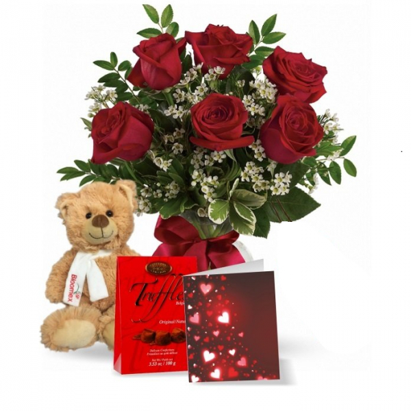 6 Roses Rouges, Ours en Peluche & Truffes buy at Fleur Quebec